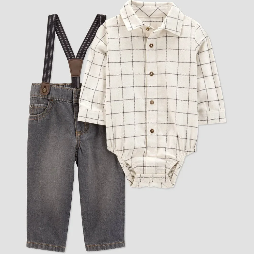 Carter's Baby Boys' 2pc Plaid Suspender Set - Newborn Ivory
